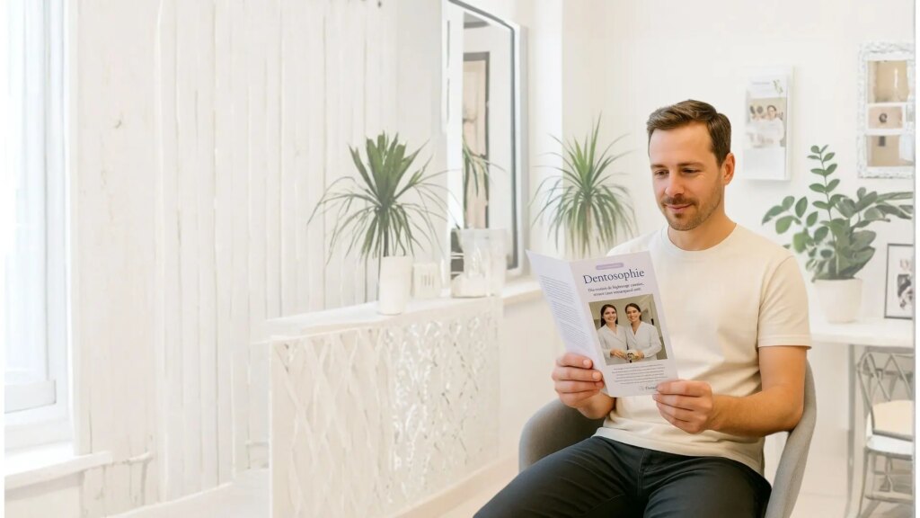 Patient mit Dentosophie Flyer im Wartezimmer beim Zahnarzt oder kieferorthopäden