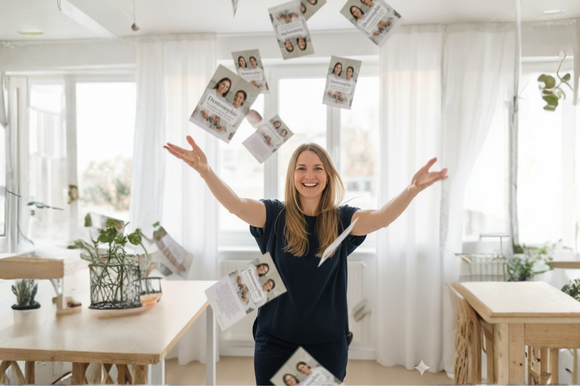 
Dentolovers Madlen wirft Dentosophie Flyer in die Luft