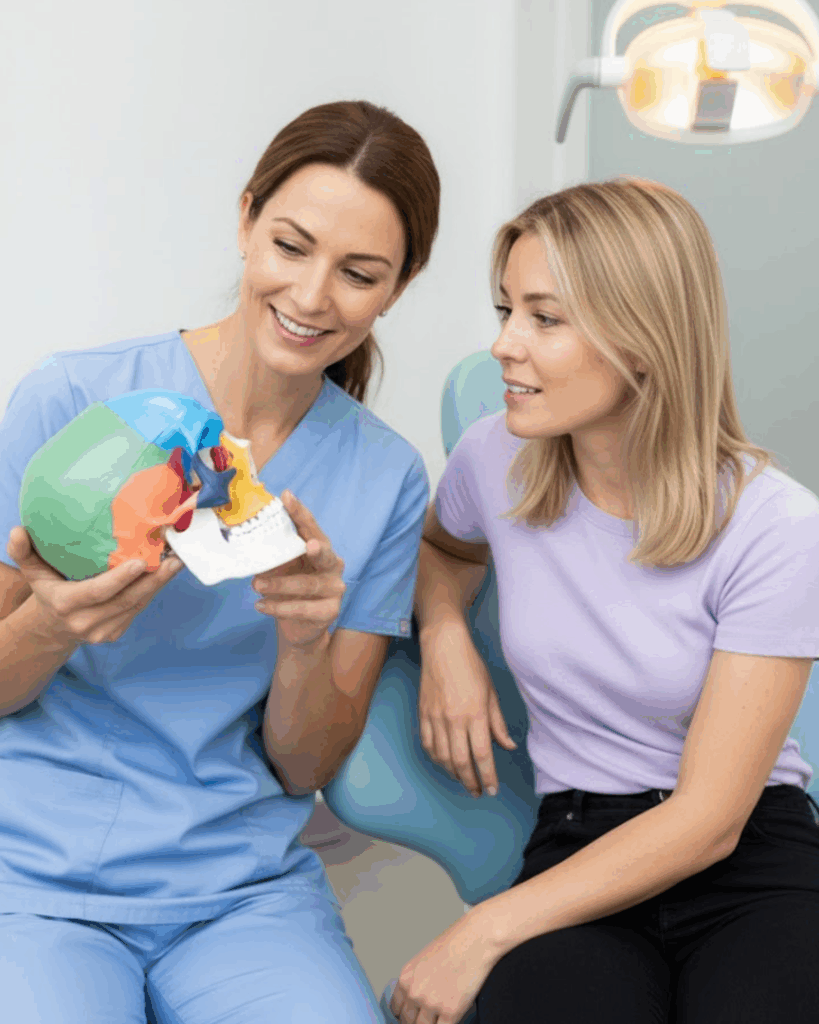 Dentolovers Zanhärztin erklärt der Patientin myofunktionale Zusammenhänge