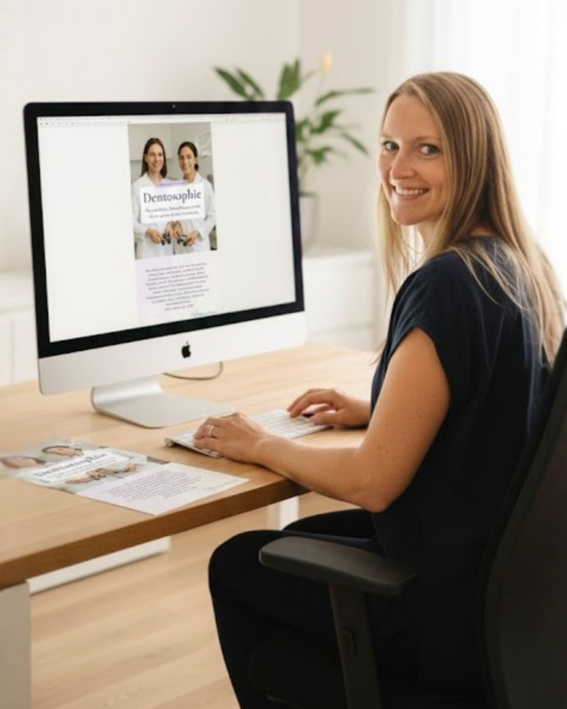 Madlen von Dentolovers bearbeitet einen Flyer für Dentosophen am Mac