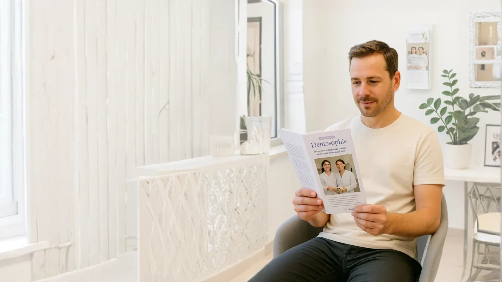 Nummer eins Marketingkanal für Dentosophen - Ein Mann in einer Zahnarztpraxis liest interessiert einen Dentosophie Flyer